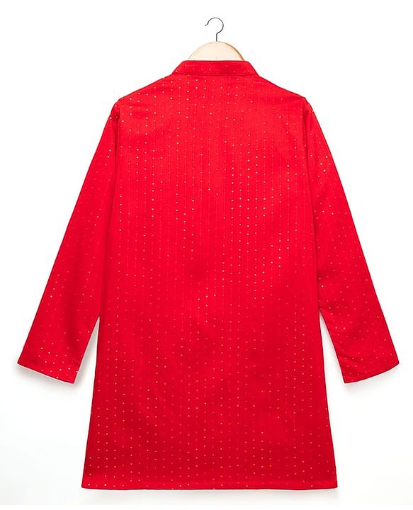 Pine Kids Woven Mandarin Collar Full Sleeves Kurta Pyjama Set With Printed Jacket & Sequin Detailing  - Red