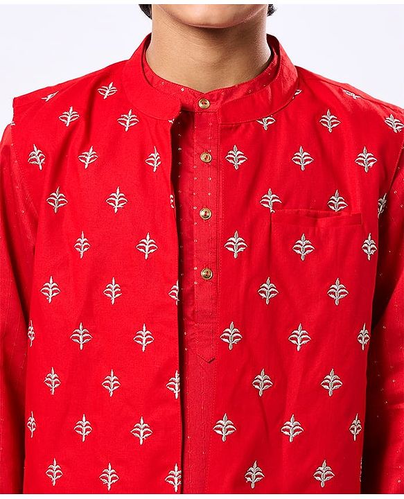 Pine Kids Woven Mandarin Collar Full Sleeves Kurta Pyjama Set With Printed Jacket & Sequin Detailing  - Red