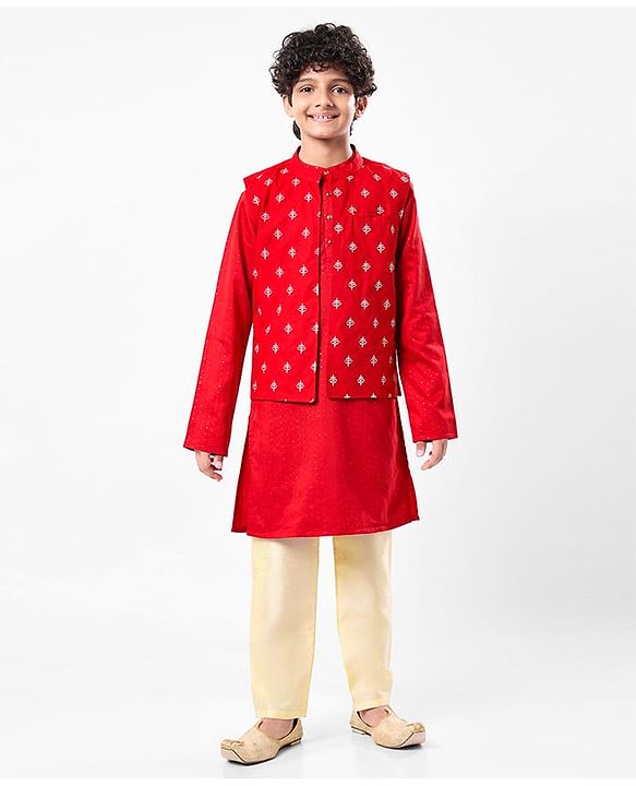 Pine Kids Woven Mandarin Collar Full Sleeves Kurta Pyjama Set With Printed Jacket & Sequin Detailing  - Red
