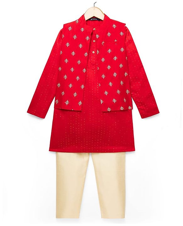 Pine Kids Woven Mandarin Collar Full Sleeves Kurta Pyjama Set With Printed Jacket & Sequin Detailing  - Red