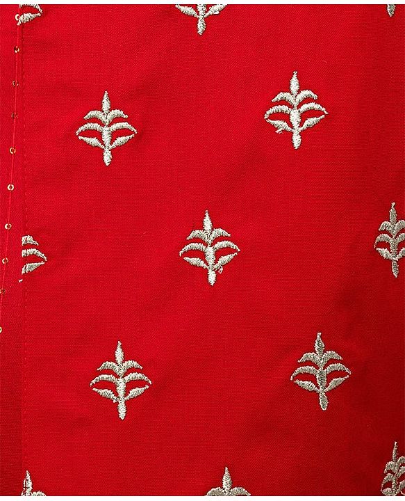 Pine Kids Woven Mandarin Collar Full Sleeves Kurta Pyjama Set With Printed Jacket & Sequin Detailing  - Red