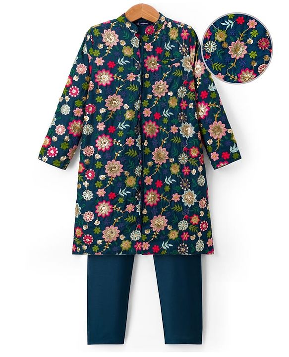 Pine Kids Woven Full Sleeves Kurta Pajama Set with Floral Embroidery & Sequin Detailing - Navy Blue