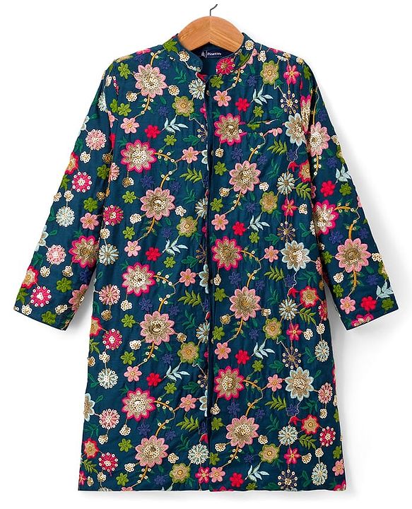 Pine Kids Woven Full Sleeves Kurta Pajama Set with Floral Embroidery & Sequin Detailing - Navy Blue