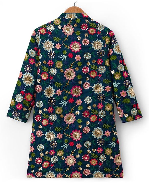 Pine Kids Woven Full Sleeves Kurta Pajama Set with Floral Embroidery & Sequin Detailing - Navy Blue