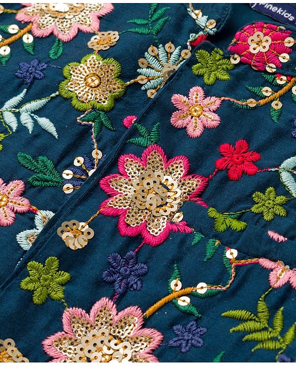 Pine Kids Woven Full Sleeves Kurta Pajama Set with Floral Embroidery & Sequin Detailing - Navy Blue