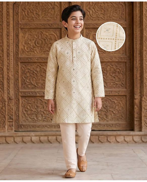 Pine Kids Woven Full Sleeves Kurta Pyjama Set with Floral Embroidery and Sequin Detailing - Offwhite & White