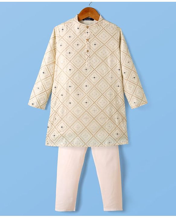 Pine Kids Woven Full Sleeves Kurta Pyjama Set with Floral Embroidery and Sequin Detailing - Offwhite & White