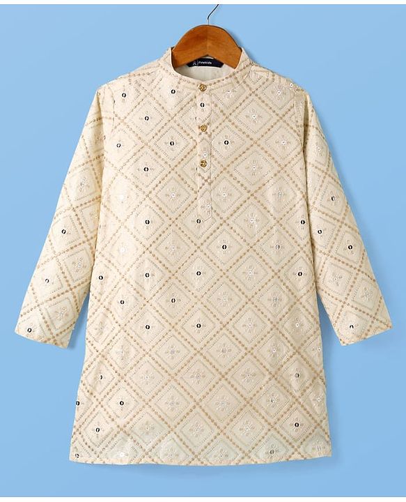 Pine Kids Woven Full Sleeves Kurta Pyjama Set with Floral Embroidery and Sequin Detailing - Offwhite & White