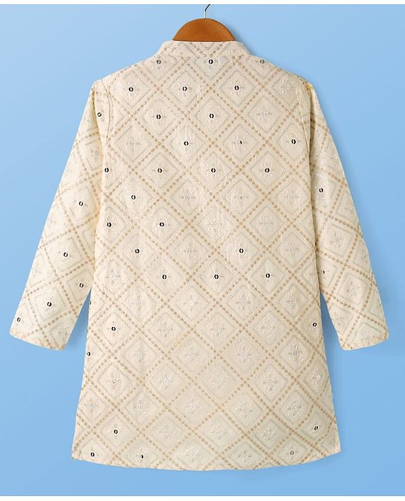 Pine Kids Woven Full Sleeves Kurta Pyjama Set with Floral Embroidery and Sequin Detailing - Offwhite & White