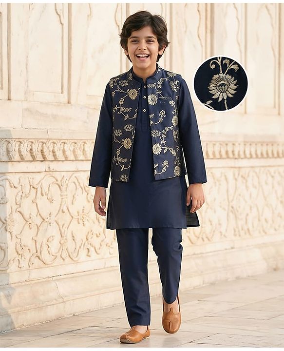 Pine Kids Woven Full Sleeves Kurta Pajama Set With Floral Design Jacket - Navy Blue
