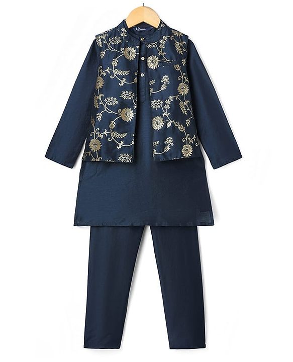 Pine Kids Woven Full Sleeves Kurta Pajama Set With Floral Design Jacket - Navy Blue