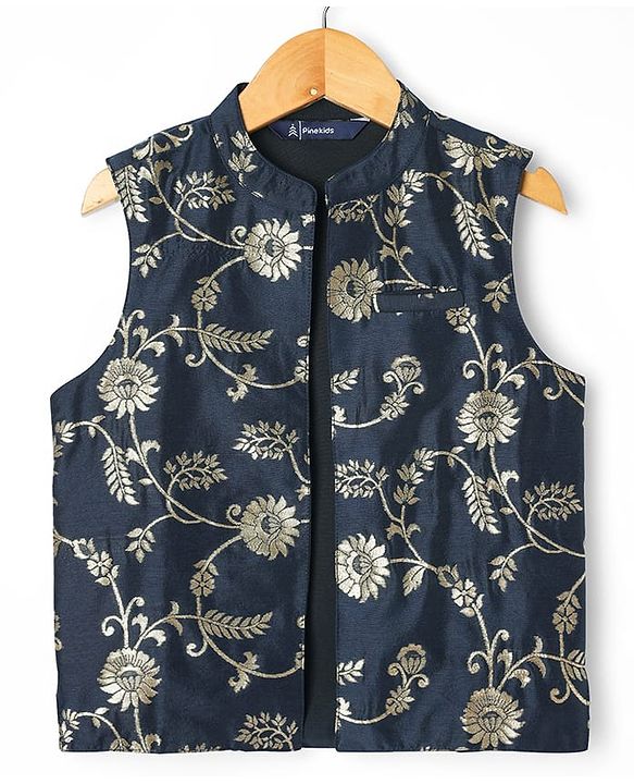 Pine Kids Woven Full Sleeves Kurta Pajama Set With Floral Design Jacket - Navy Blue