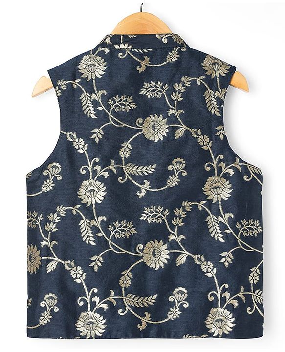 Pine Kids Woven Full Sleeves Kurta Pajama Set With Floral Design Jacket - Navy Blue