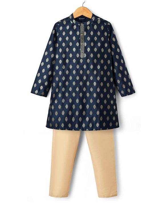 Pine Kids Woven Full Sleeves Kurta Pajama Set with Motif Print - Navy Blue