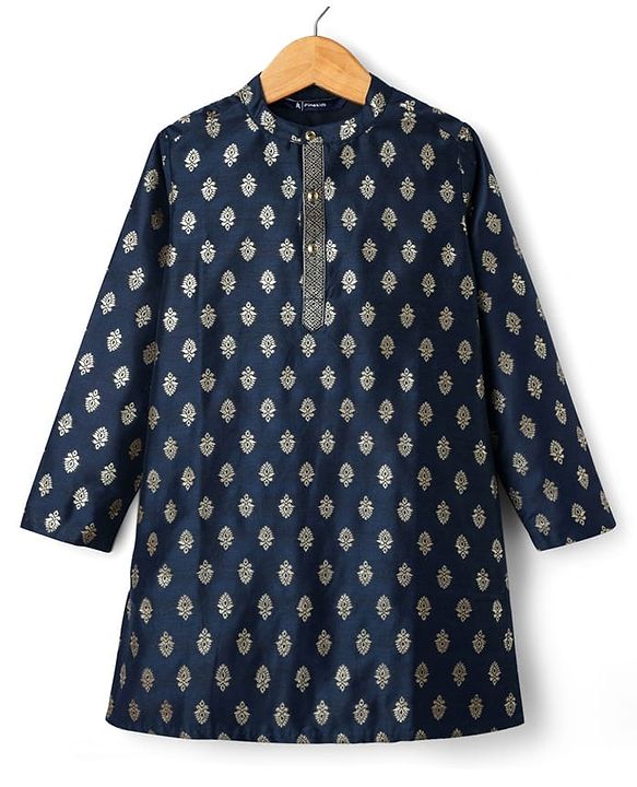 Pine Kids Woven Full Sleeves Kurta Pajama Set with Motif Print - Navy Blue
