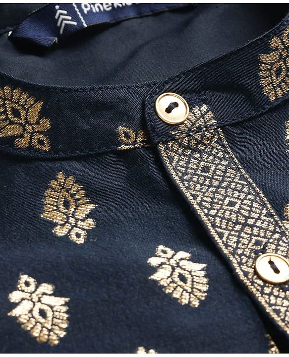 Pine Kids Woven Full Sleeves Kurta Pajama Set with Motif Print - Navy Blue