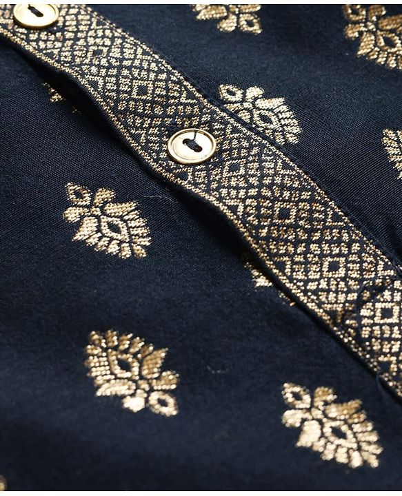 Pine Kids Woven Full Sleeves Kurta Pajama Set with Motif Print - Navy Blue