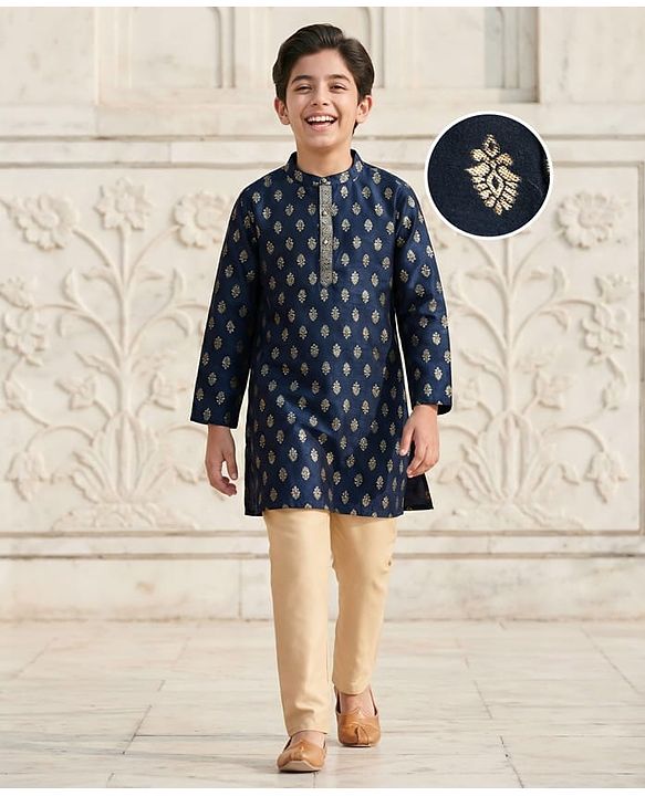 Pine Kids Woven Full Sleeves Kurta Pajama Set with Motif Print - Navy Blue