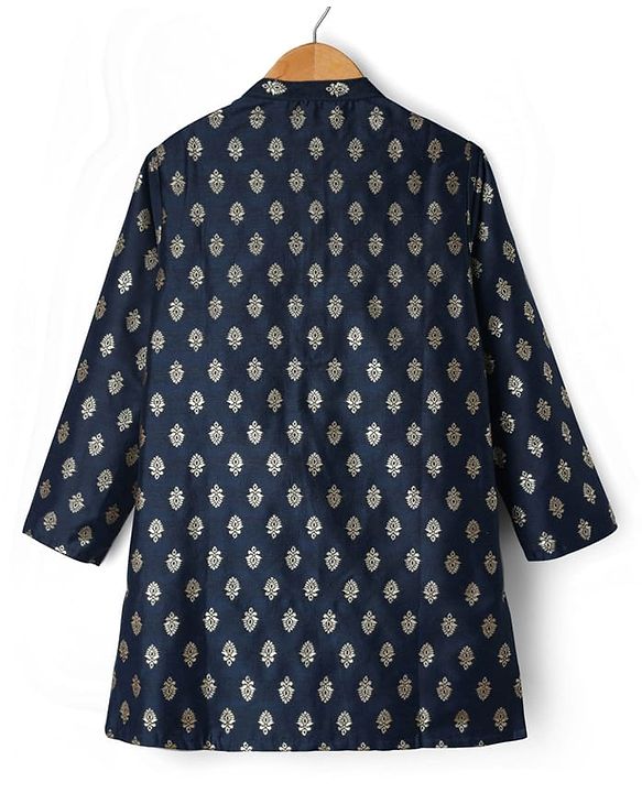 Pine Kids Woven Full Sleeves Kurta Pajama Set with Motif Print - Navy Blue