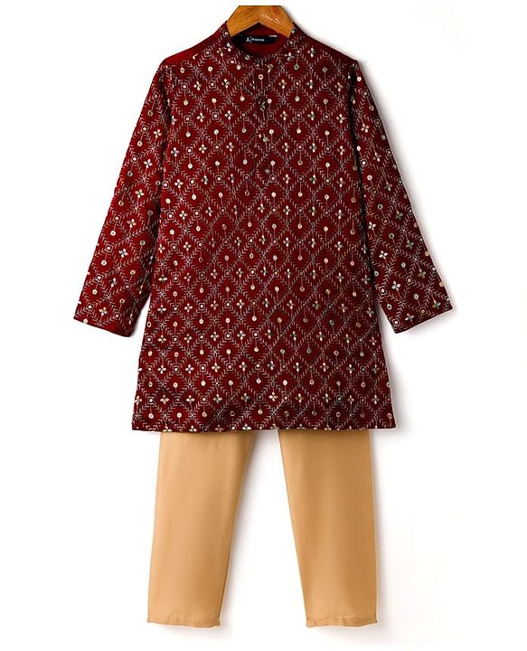 Pine Kids Woven Full Sleeves Kurta Pajama Set with Floral Embroidery & Sequin Detailing - Red