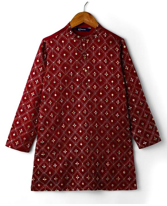 Pine Kids Woven Full Sleeves Kurta Pajama Set with Floral Embroidery & Sequin Detailing - Red