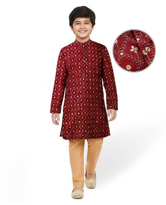 Pine Kids Woven Full Sleeves Kurta Pajama Set with Floral Embroidery & Sequin Detailing - Red