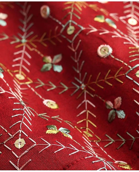 Pine Kids Woven Full Sleeves Kurta Pajama Set with Floral Embroidery & Sequin Detailing - Red