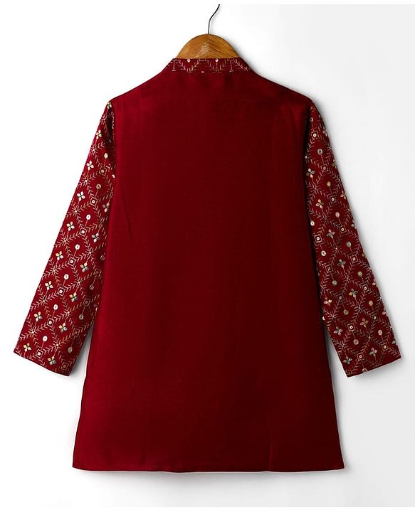 Pine Kids Woven Full Sleeves Kurta Pajama Set with Floral Embroidery & Sequin Detailing - Red