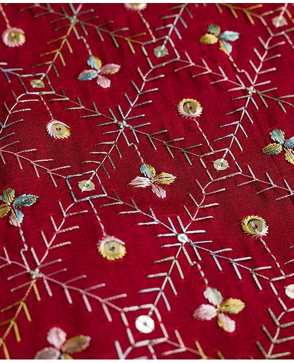 Pine Kids Woven Full Sleeves Kurta Pajama Set with Floral Embroidery & Sequin Detailing - Red
