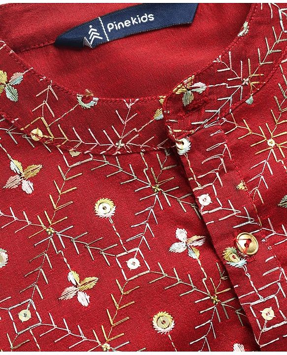 Pine Kids Woven Full Sleeves Kurta Pajama Set with Floral Embroidery & Sequin Detailing - Red
