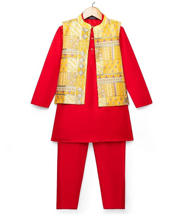 Pine Kids Woven Full Sleeves Mandarin Collar Kurta Pyjama Set With Embroidered Jacket - Red