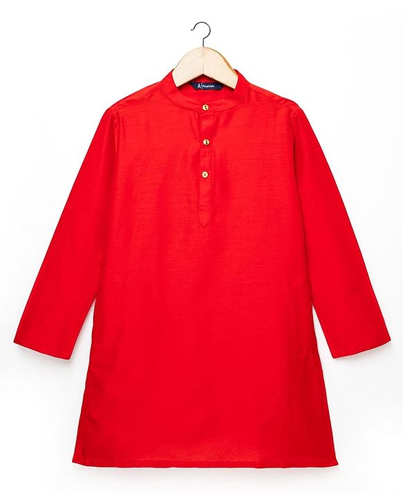 Pine Kids Woven Full Sleeves Mandarin Collar Kurta Pyjama Set With Embroidered Jacket - Red