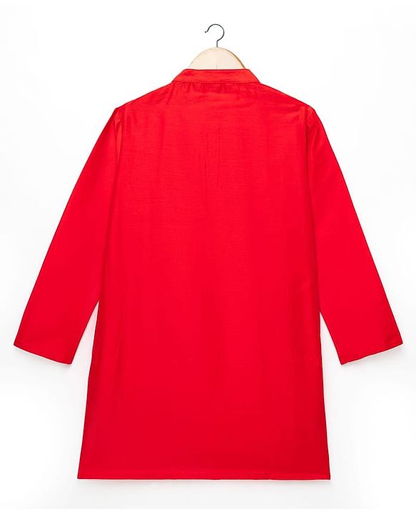 Pine Kids Woven Full Sleeves Mandarin Collar Kurta Pyjama Set With Embroidered Jacket - Red