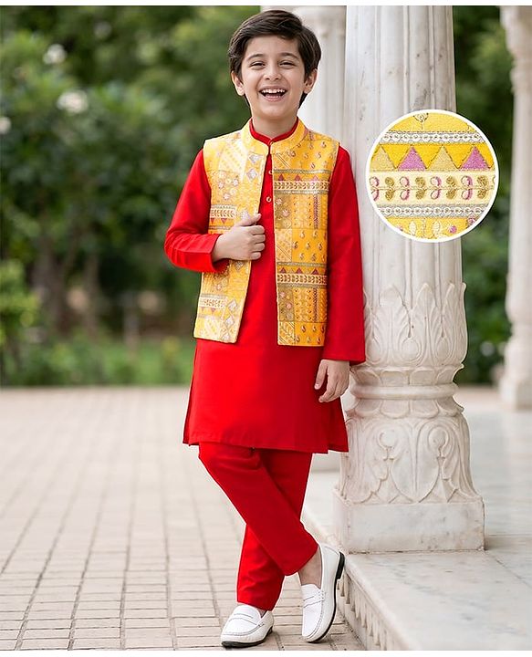Pine Kids Woven Full Sleeves Mandarin Collar Kurta Pyjama Set With Embroidered Jacket - Red