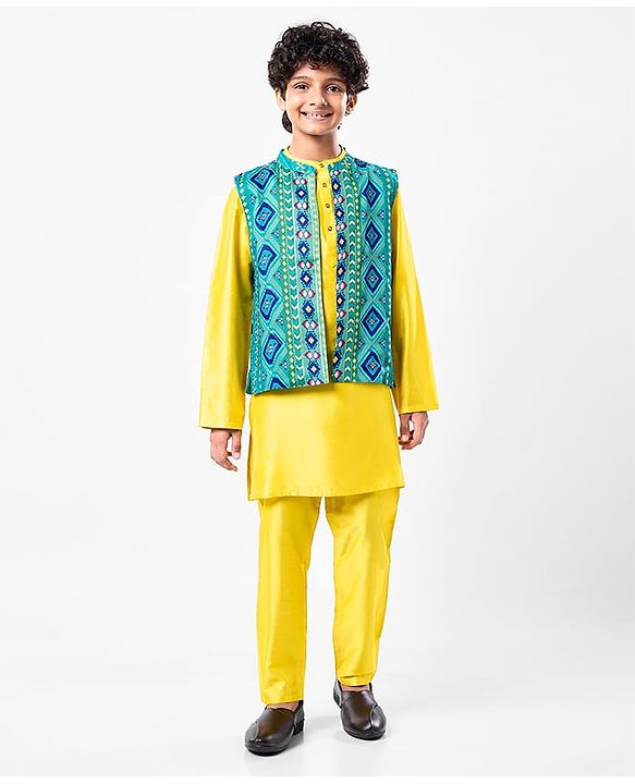 Pine Kids Woven Mandarin Collar Full Sleeves Kurta Pyjama Set With Floral Print Jacket - Yellow
