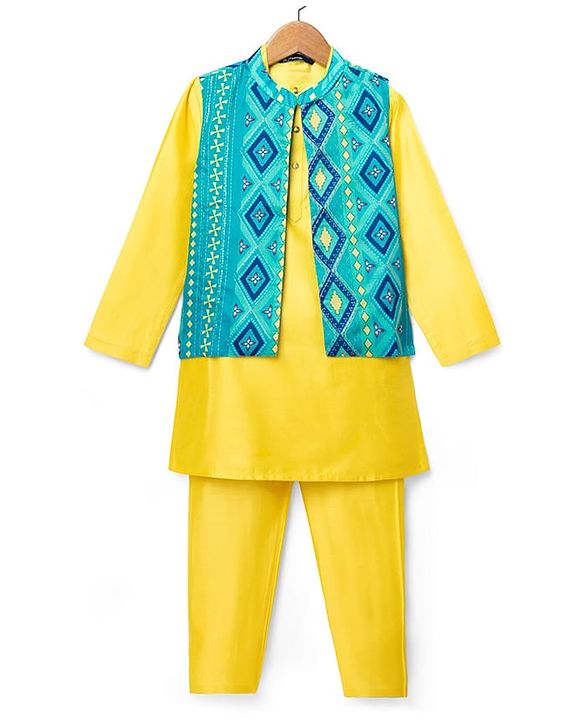 Pine Kids Woven Mandarin Collar Full Sleeves Kurta Pyjama Set With Floral Print Jacket - Yellow