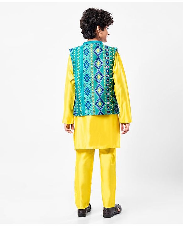 Pine Kids Woven Mandarin Collar Full Sleeves Kurta Pyjama Set With Floral Print Jacket - Yellow