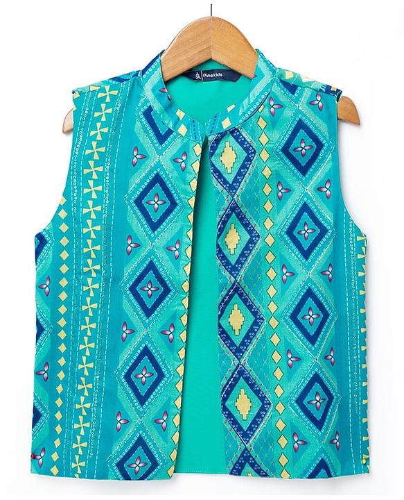 Pine Kids Woven Mandarin Collar Full Sleeves Kurta Pyjama Set With Floral Print Jacket - Yellow