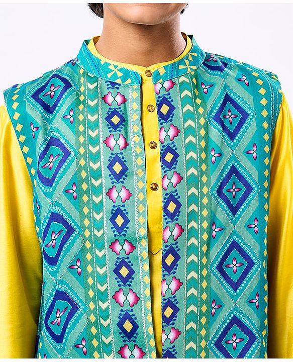 Pine Kids Woven Mandarin Collar Full Sleeves Kurta Pyjama Set With Floral Print Jacket - Yellow