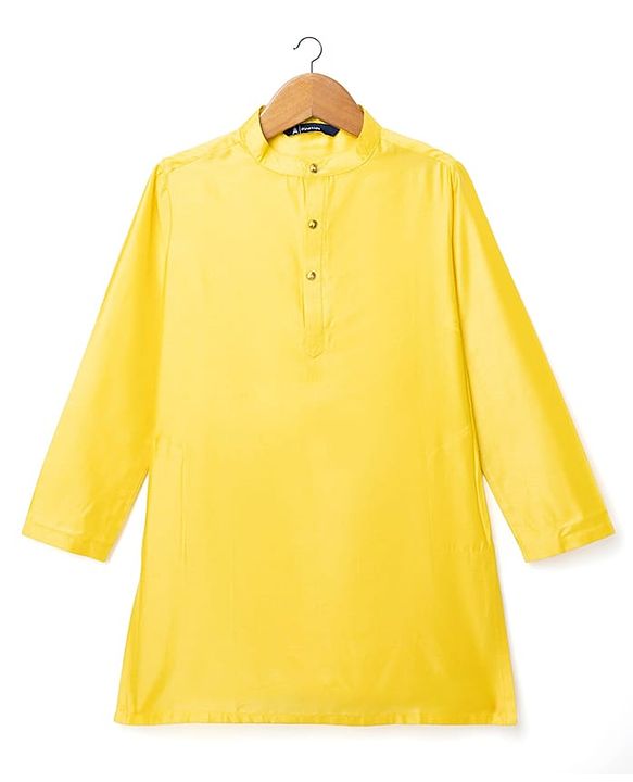 Pine Kids Woven Mandarin Collar Full Sleeves Kurta Pyjama Set With Floral Print Jacket - Yellow