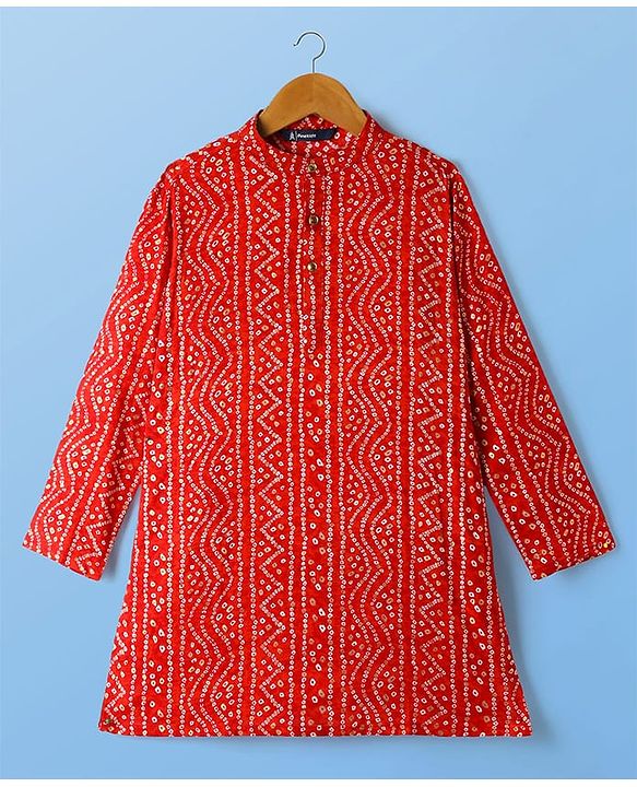 Pine Kids Woven Mandarin Collar Full Sleeves Kurta Pyjama Set With Bandhani Print - Red