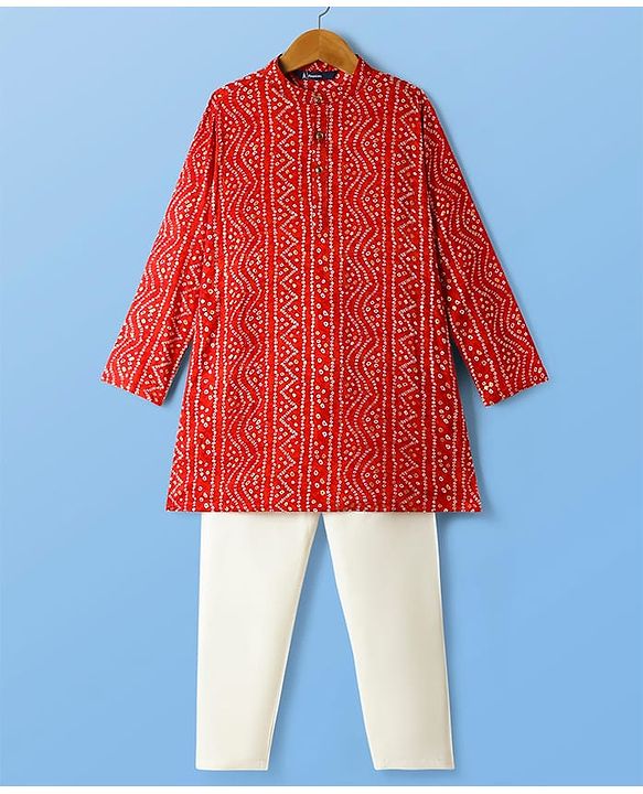 Pine Kids Woven Mandarin Collar Full Sleeves Kurta Pyjama Set With Bandhani Print - Red