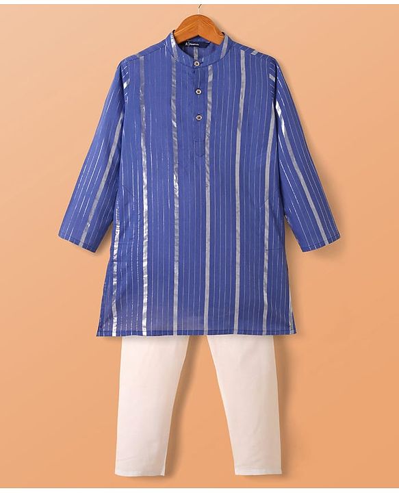 Pine Kids Woven Full Sleeves Kurta Pyjama Set with Stripes  - Blue & White