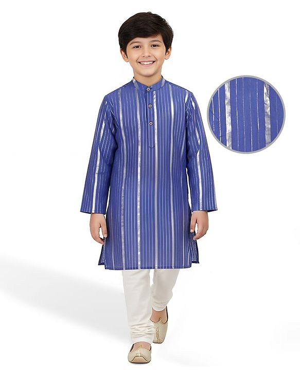 Pine Kids Woven Full Sleeves Kurta Pyjama Set with Stripes  - Blue & White