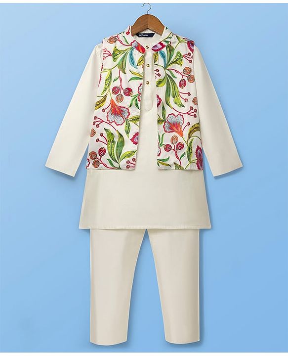Pine Kids Woven Mandarin Collar Full Sleeves Kurta Pyjama Set With Floral Print & Sequin Detailing Jacket - White