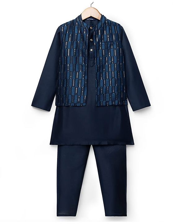 Pine Kids Woven Full Sleeves Mandarin Collar Kurta Pyjama Set With Sequin Detailing Jacket - Blue