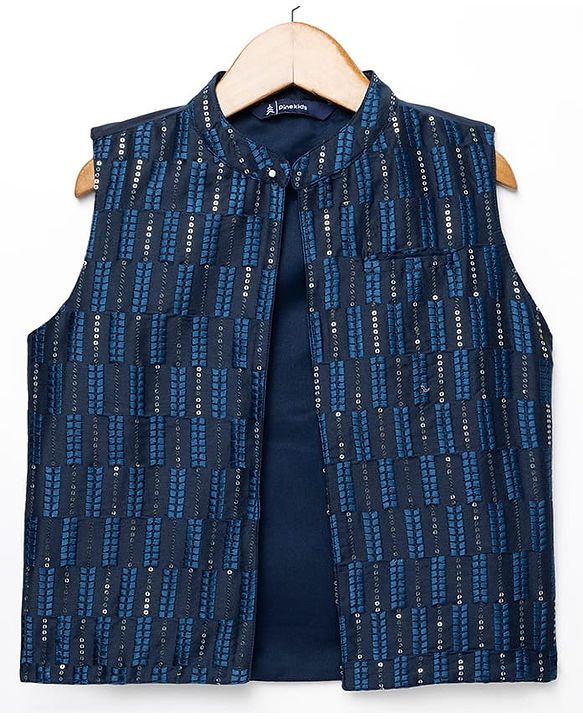 Pine Kids Woven Full Sleeves Mandarin Collar Kurta Pyjama Set With Sequin Detailing Jacket - Blue