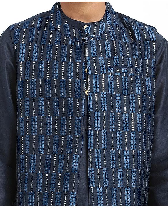 Pine Kids Woven Full Sleeves Mandarin Collar Kurta Pyjama Set With Sequin Detailing Jacket - Blue