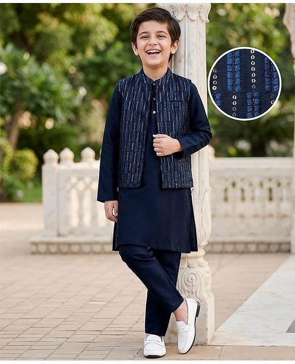 Pine Kids Woven Full Sleeves Mandarin Collar Kurta Pyjama Set With Sequin Detailing Jacket - Blue