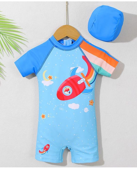 Babyhug Half Raglan Sleeves Legged Swimsuit With Rocket Print & Cap - Light Blue